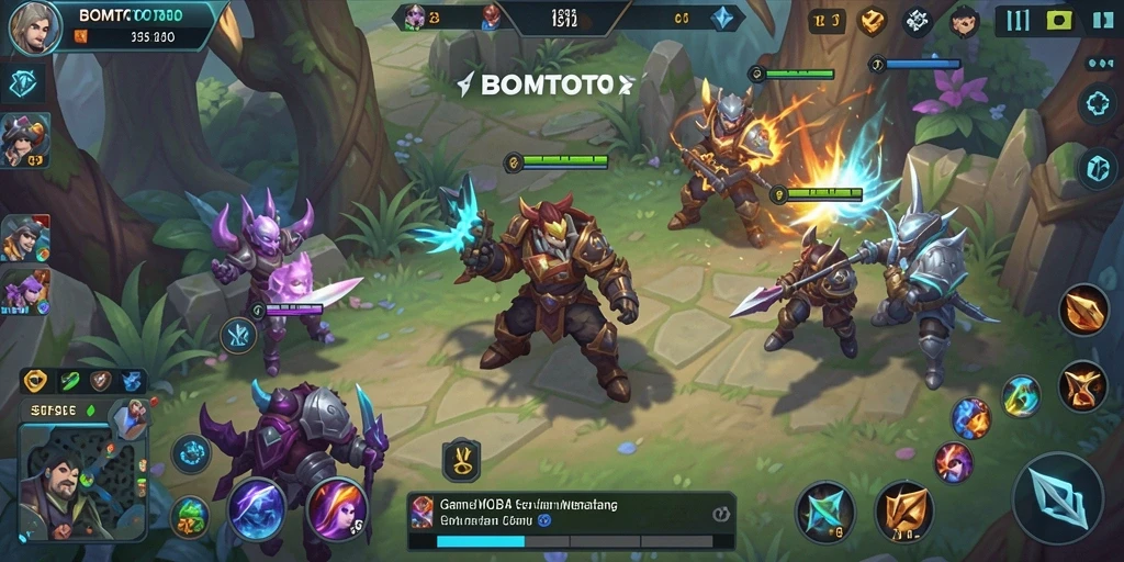 Screenshot gameplay BOMTOTO dengan aksi seru di arena MOBA.