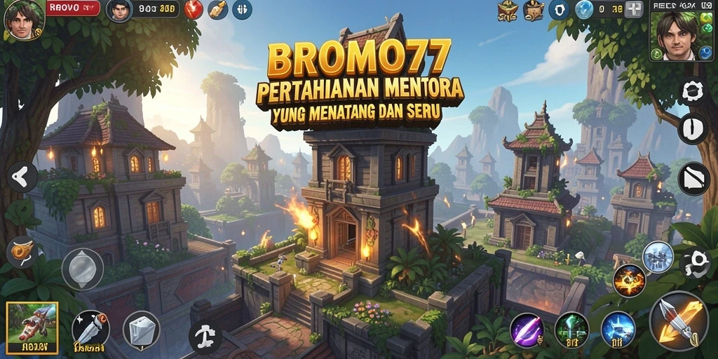 Tampilan gameplay BROMO77 dengan pertahanan menara yang strategis.