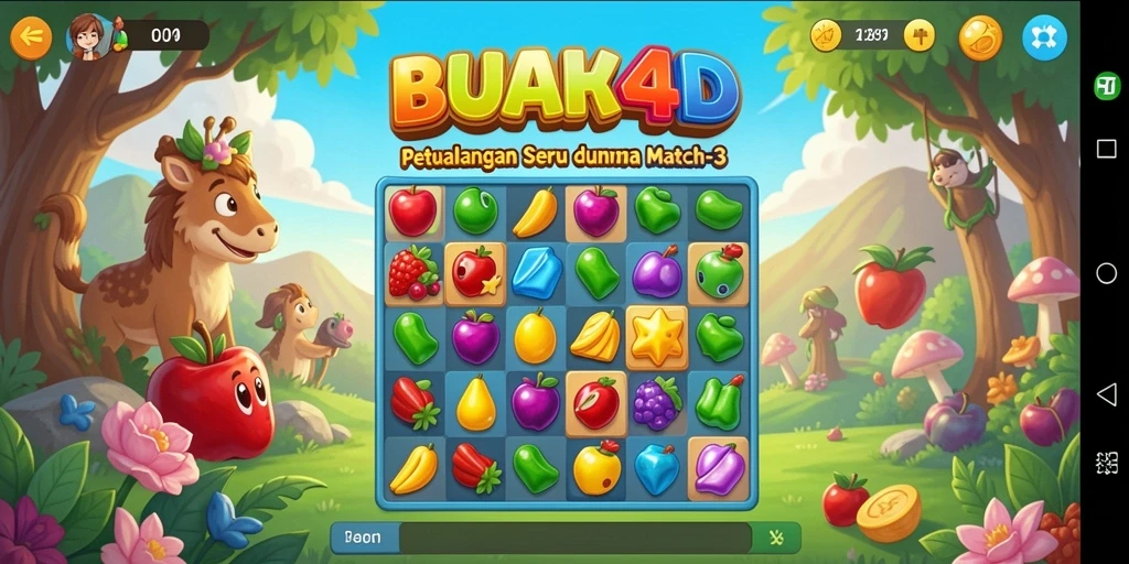 Screenshot menunjukkan aksi gameplay seru dari BUAH4D dengan buah-buahan berwarna-warni.