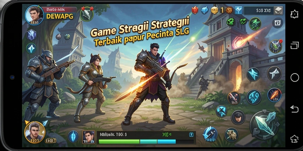 Screenshot gameplay DEWAPG menampilkan pertempuran seru dan pembangunan kerajaan.