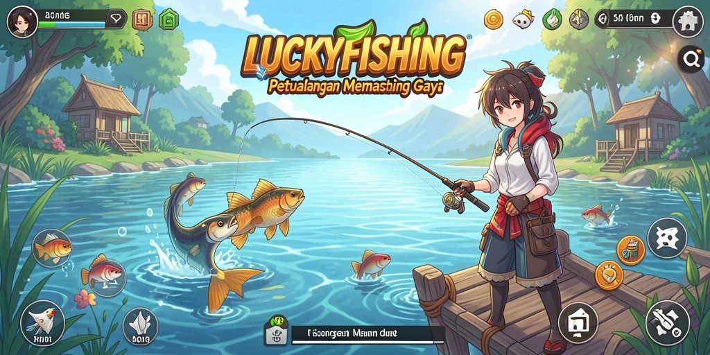 Screenshot gameplay <strong>LUCKYFISHING</strong> menampilkan aksi memancing yang seru.