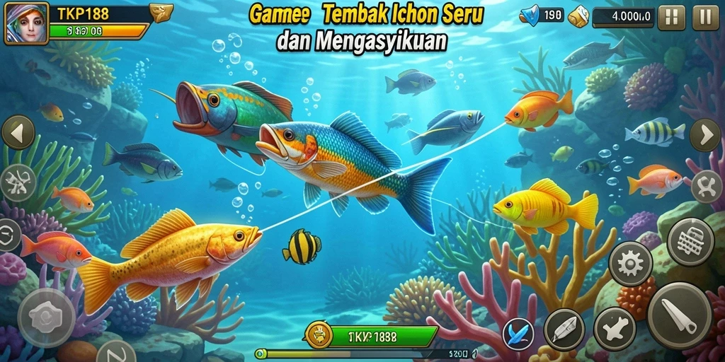 Screenshot gameplay TKP188 menampilkan aksi menembak ikan yang seru.