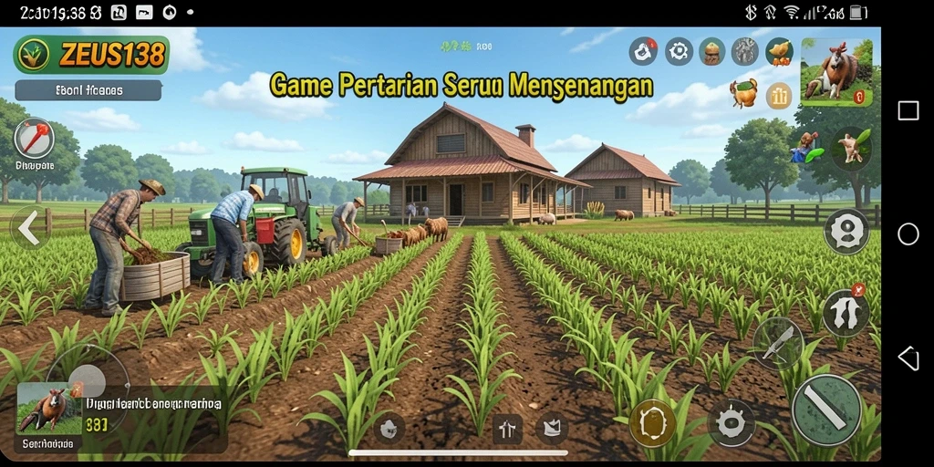 Screenshot utama ZEUS138 menampilkan aktivitas bertani yang seru.